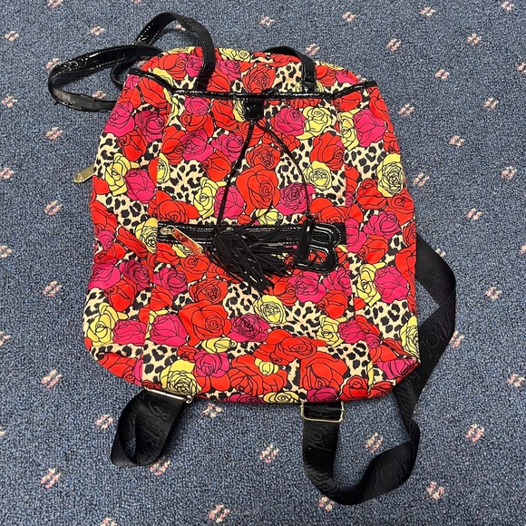 Betsey Johnson Handbags - Betsey Johnson Convertible Backpack Tote Bag Roses Leopard Silky Tassels B Charm